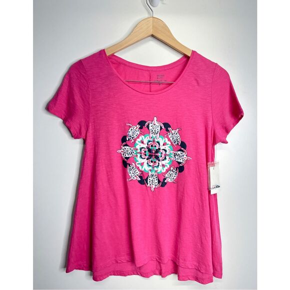Crown & Ivy Shirt Womens Pink Short Sleeve Sequin Turtle Size XS NEW - Picture 2 of 8